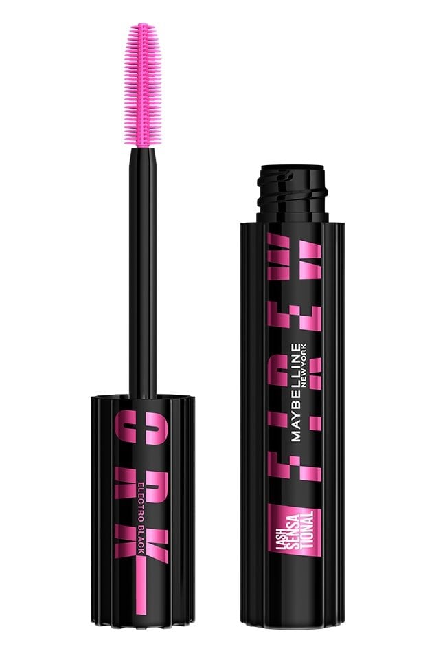 Open packshot of Maybelline Lash Sensational Firework mascara Electro Black edition with pink SuperSpark brush.