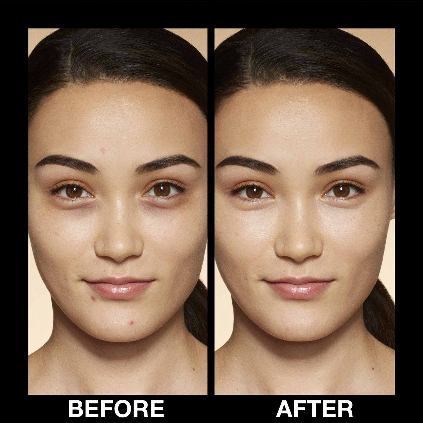 A model before and after applying Fit Me Concealer to under eye circles and blemishes.